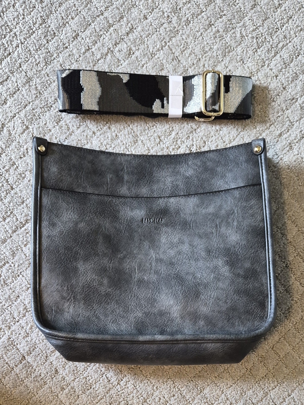 Gray Leather Crossbody Bag with Camouflage Strap -  Bags